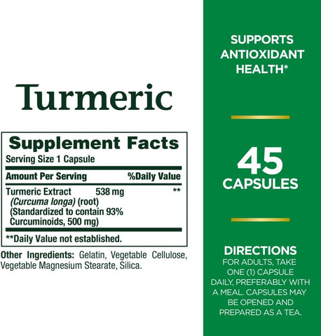 Nature's Bounty Turmeric Pills and Herbal Health Supplement, Supports, Antioxidant Health, 538mg, 45 Capsules (Pack of 2)