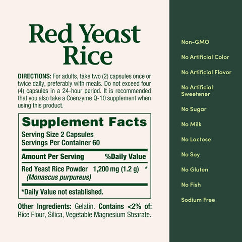 Nature's Bounty Red Yeast Rice Pills and Herbal Health Supplement, Dietary Additive, 600mg, 120 Capsules