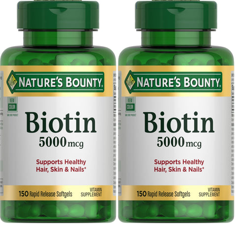 Nature's Bounty Biotin, Supports Metabolism for Cellular Energy and Healthy Hair, Skin, and Nails, 5000 mcg, 150 Softgels (Pack of 2)
