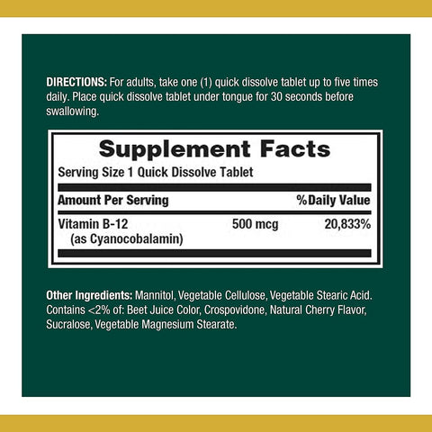 Nature's Bounty Vitamin B12, Supports Energy Metabolism and Nervous System Health, 500mcg, Tablets, 100 Ct (Pack of 2)