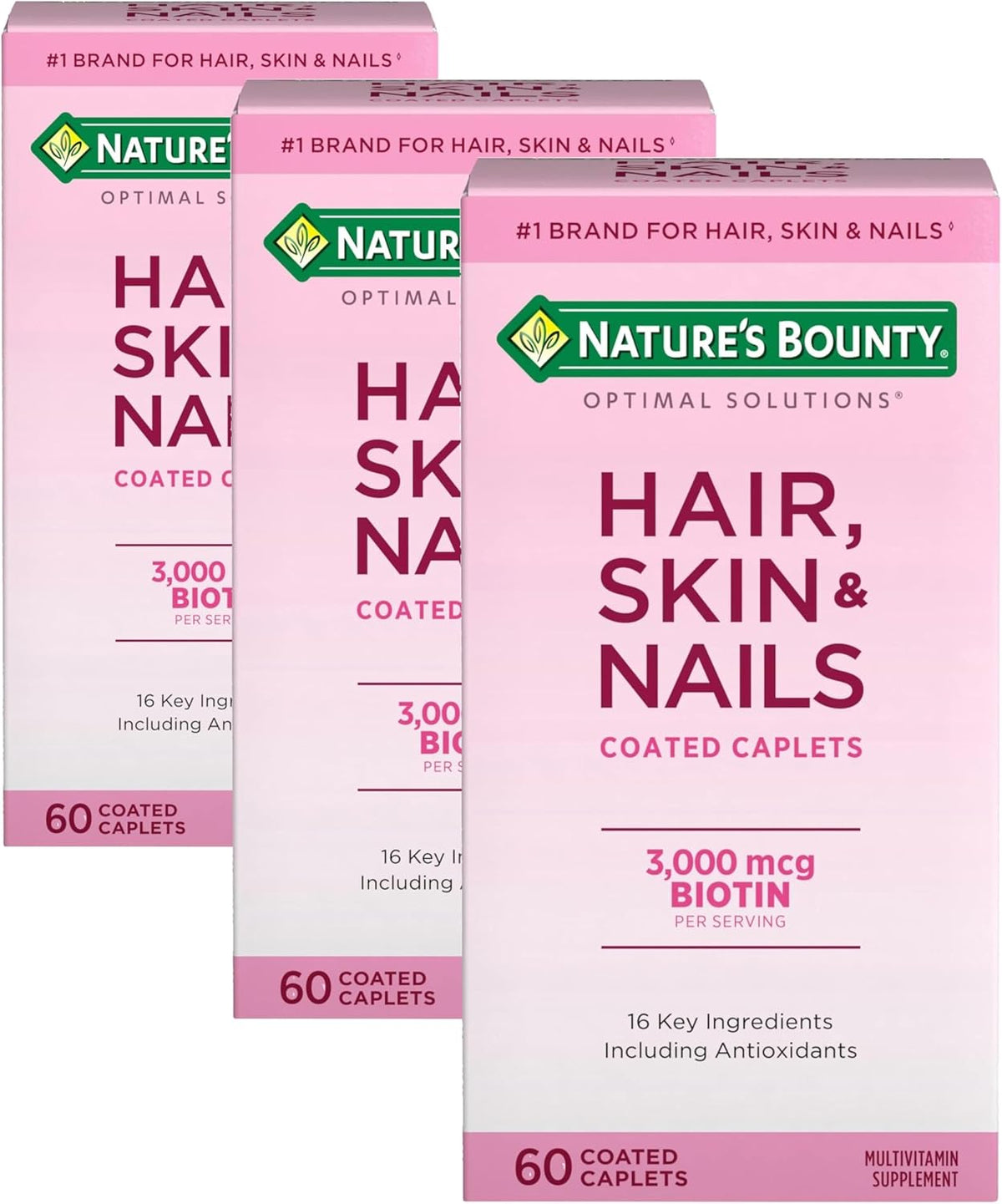Nature's Bounty Optimal Solutions Hair, Skin & Nails Formula, with 3,000 mcg Biotin, 60 Count (Pack of 3)