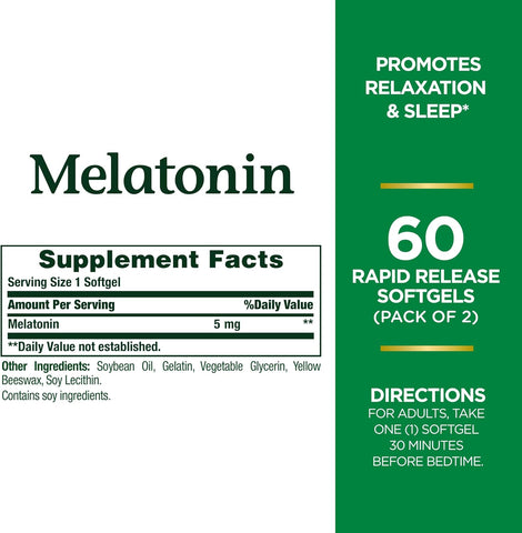 Nature's Bounty Melatonin 5mg, 100% Drug Free Sleep Aid, Dietary Supplement for Relaxation and Sleep Health - 4 Month Supply, 60 Rapid Release Softgels Twin Pack (120ct) (Pack of 2)