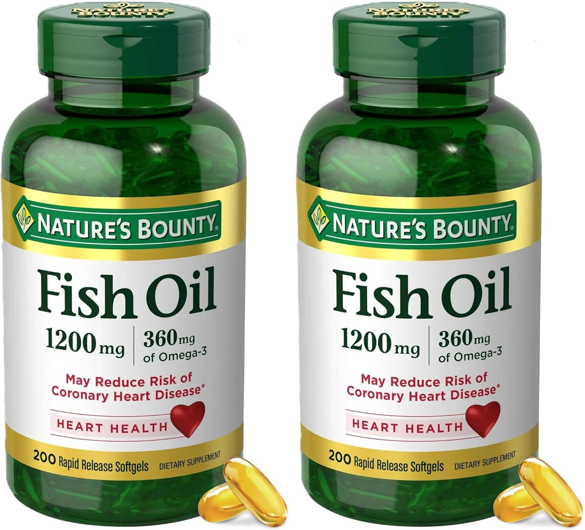 Nature's Bounty Fish Oil Omega 3 Supplements - Supports Heart Health, 1200 Mg Fish Oil, Omega-3, 200 Softgels (Pack of 2)