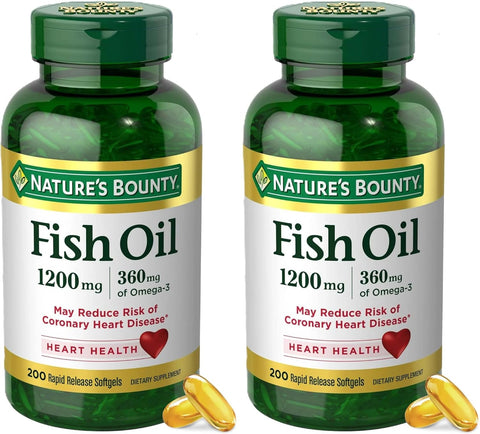 Nature's Bounty Fish Oil Omega 3 Supplements - Supports Heart Health, 1200 Mg Fish Oil, Omega-3, 200 Softgels (Pack of 2)