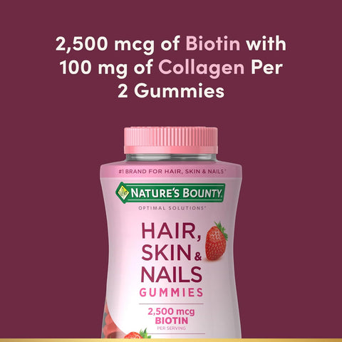 Nature's Bounty Optimal Solutions Hair, Skin and Nails Gummies with Biotin, 2500 mcg, Strawberry Flavored, 200 Count, 100 Total Servings
