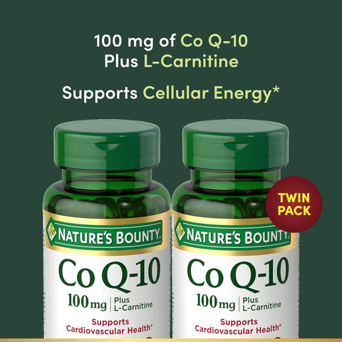 Nature's Bounty CoQ10, Dietary Supplement, Supports Heart Health, 100mg Plus L-Carnitine, Twin Pack, 120 Softgels