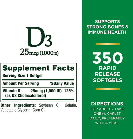 Nature's Bounty Bounty D-1000 IU Dietary Supplement Rapid Release Liquid Softgels 350 ea (Pack of 3)