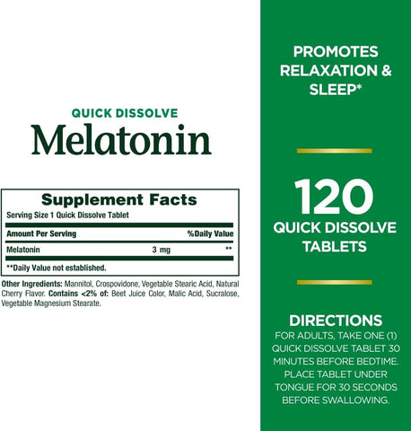 Nature's Bounty Melatonin, Promotes Relaxation & Sleep, 100% Drug Free Sleep Aid, 3 mg, 120 Quick Dissolve Tablets (Pack of 2)