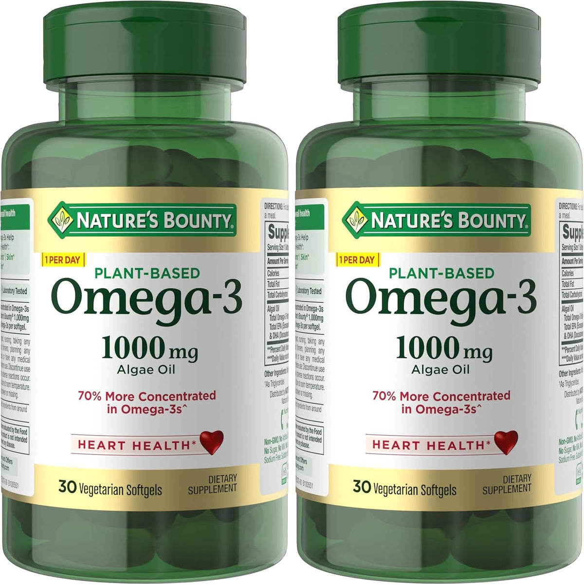 Nature's Bounty Omega 3, Plant-Based Omega 3 Fatty Acid Supplement, 520mg, Supports Whole Body Health Including Heart, Skin, Joint, 30 Vegetarian Softgels, Fish Oil Alternative (Pack of 2)