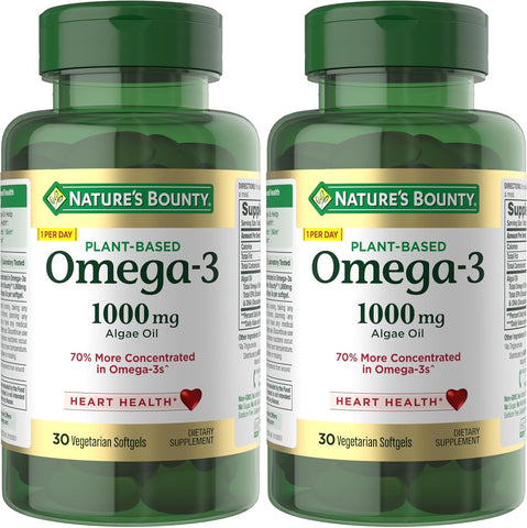 Nature's Bounty Omega 3, Plant-Based Omega 3 Fatty Acid Supplement, 520mg, Supports Whole Body Health Including Heart, Skin, Joint, 30 Vegetarian Softgels, Fish Oil Alternative (Pack of 2)