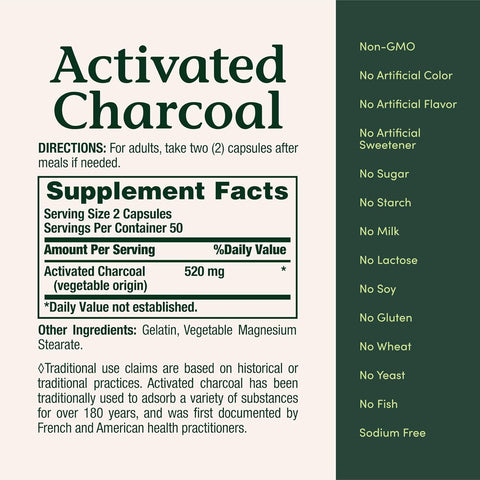Nature's Bounty Activated Charcoal 260 mg, 100 Capsules, Dietary Supplement to Support a Healthy Lifestyle