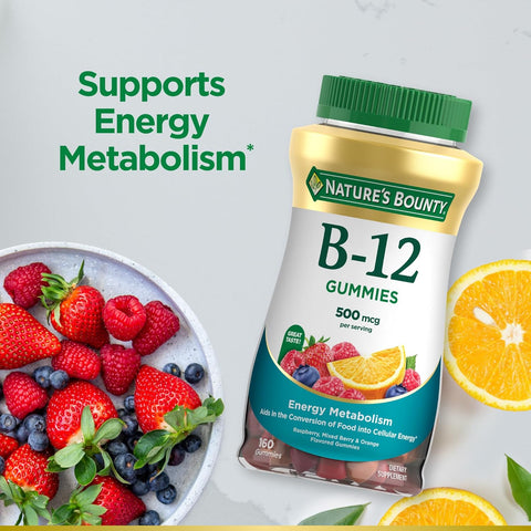 Nature's Bounty Vitamin B12 Gummies, Dietary Supplement, Supports Energy Metabolism and Nervous System Health, Mixed Berry Flavor, 500mcg, 160 Count (Pack of 2)