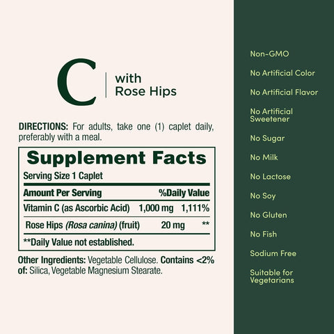 Nature’s Bounty Vitamin C + Rose HIPS, Immune Support, 1000mg Vitamin C, Coated Caplets, 1 Serving per Day, Vegetarian Caplets, 100 Ct
