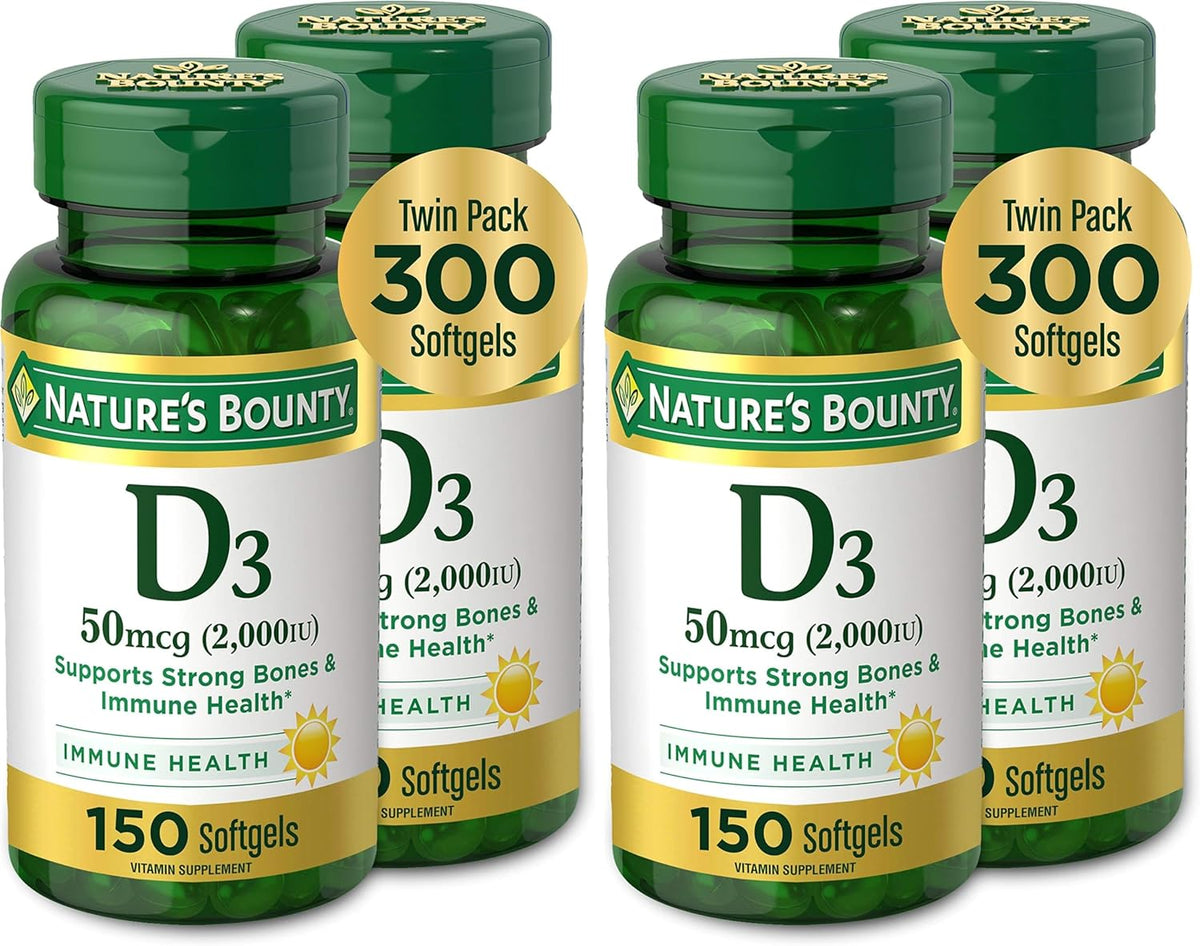 Nature's Bounty Vitamin D3, Supports Immune System and Bone Health, 50mcg, 150 Softgels (Pack of 4)