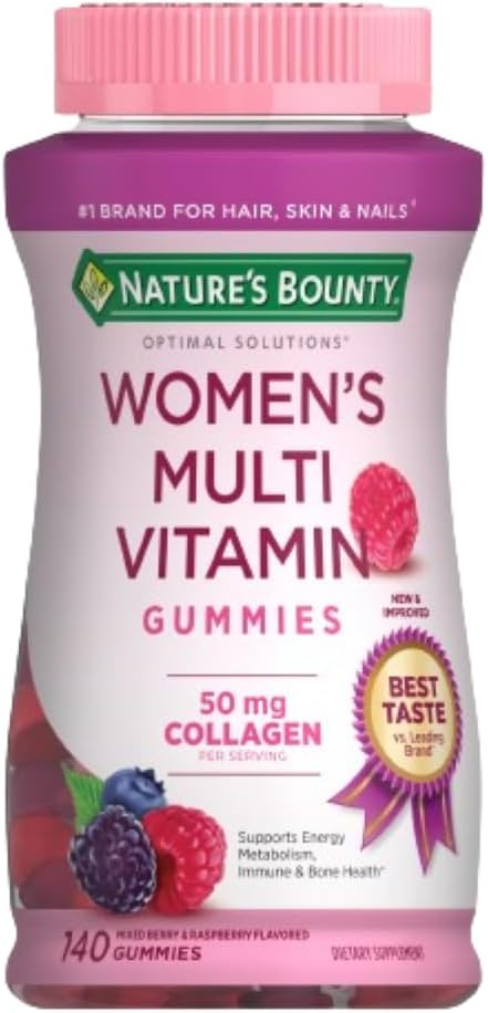 Nature's Bounty Optimal Solutions, Women's Multivitamin Gummies for Immune Support, Cellular Energy Support, Bone Health, Raspberry Flavor, 140 Ct, 70 Total Servings