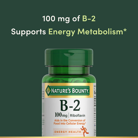 Nature's Bounty Vitamin B, B-2 Vitamin 100mg as Riboflavin Supplement, Aids Energy Metabolism, 100 Vegetarian Coated Tablets, 100 Day Supply