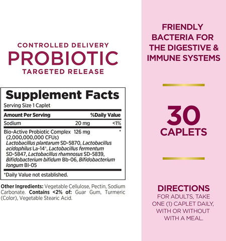 Nature's Bounty Probiotic, Controlled Delivery Dietary Supplement, Supports Digestive, Intestinal and Immune Health, 30 Caplets, 30 Total Servings (Pack of 2)