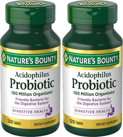 Nature's Bounty Lactobacillus Acidophilus Probiotic Supplement - Daily Probiotic for Women/Men Digestive Health,100 Million Organisms,Vegetarian,1 Serving per Day,120 Tablets,(Pack of 2)