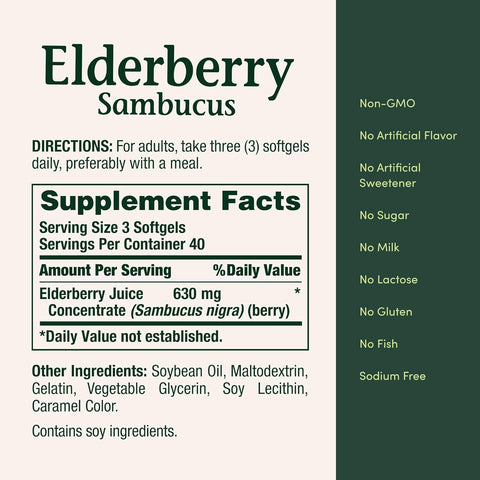 Nature's Bounty Sambucus Elderberry Herbal Supplement, Rapid Release Softgels, 630 mg per Serving, 120 Count