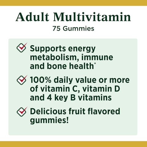 Nature's Bounty Adult Multivitamin Gummies, Vitamin Supplement, Daily Nutritional Needs, Orange, Cherry and Grape Flavor, 75 Gummies (Pack of 3)