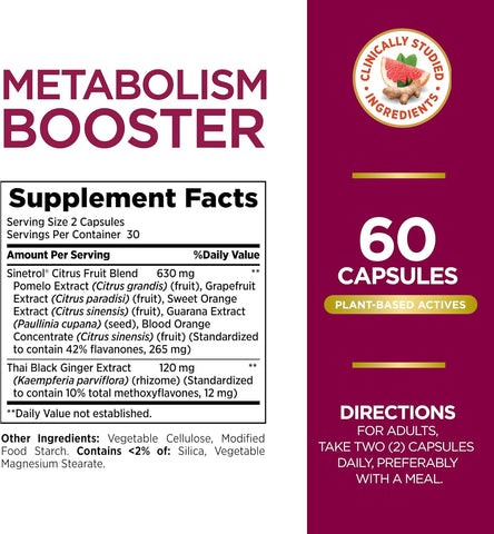 Nature's Bounty Optimal Solutions Metabolism Booster Supplement, Boosts Fat Metabolism, Promotes Abdominal Fat Loss, with Citrus Extracts and Black Ginger, 60 Capsules (Pack of 2)