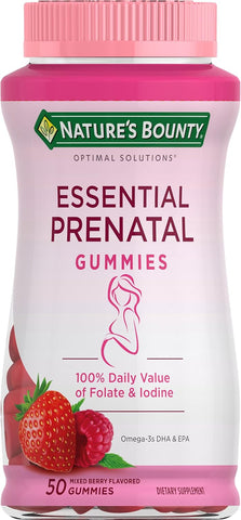 Nature's Bounty Optimal Solutions Essential Prenatal Gummies, Folic Acid and Iodine, Omega 3 and DHA, 50 Count, 25 Total Servings