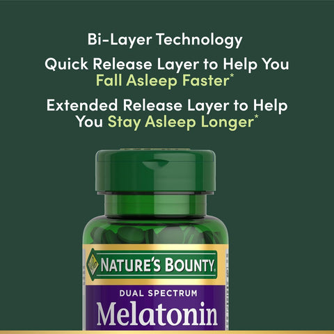 Nature’s Bounty Melatonin 5mg Dual Spectrum, 100% Drug Free Sleep Supplement, Quick Release and Extended Release, Promotes Relaxation and Sleep Health, 60 Bi-Layer Tablets