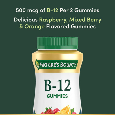Nature's Bounty Vitamin B12 Gummies, Dietary Supplement, Supports Energy Metabolism and Nervous System Health, Mixed Berry Flavor, 500mcg, 90 Gummies