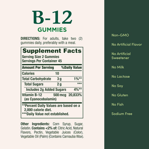 Nature's Bounty Vitamin B12 Gummies, Dietary Supplement, Supports Energy Metabolism and Nervous System Health, Mixed Berry Flavor, 500mcg, 90 Gummies