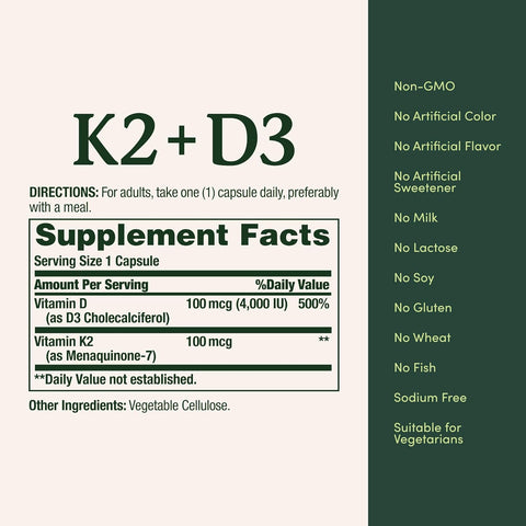 Nature's Bounty Vitamin D3 K2 Supplement, 4000 IU Vita D3 Plus 100 mcg of Vitamin K Supplements for Adults for Heart & Bone Health Support, 30 Day Supply, 30 Vegetarian Capsules (Pack of 3)