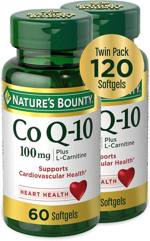 Nature's Bounty CoQ10, Dietary Supplement, Supports Heart Health, 100mg Plus L-Carnitine, Twin Pack, 120 Softgels