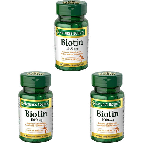 Nature's Bounty Biotin, Vitamin Supplement, Supports Metabolism for Cellular Energy and Healthy Hair, Skin, and Nails, 1000 mcg, 100 Tablets (Pack of 3)