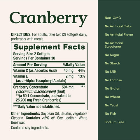 Nature's Bounty Cranberry Dietary Supplement, Supports Urinary Tract and Immune Health, Softgels, 25,200 Mg, 60 Ct (Pack of 2)
