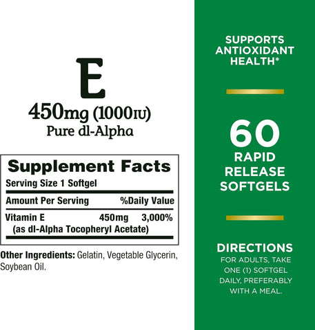 Nature's Bounty Vitamin E 1000 IU Softgels, Supports Antioxidant Health & Immune System, 1 Serving per Day, No Gluten, 60 Softgels (Pack of 3)