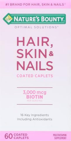 Nature's Bounty Optimal Solutions Hair, Skin & Nails Formula, with 3,000 mcg Biotin, 20 Total Servings, 60 Coated Caplets (Pack of 2)