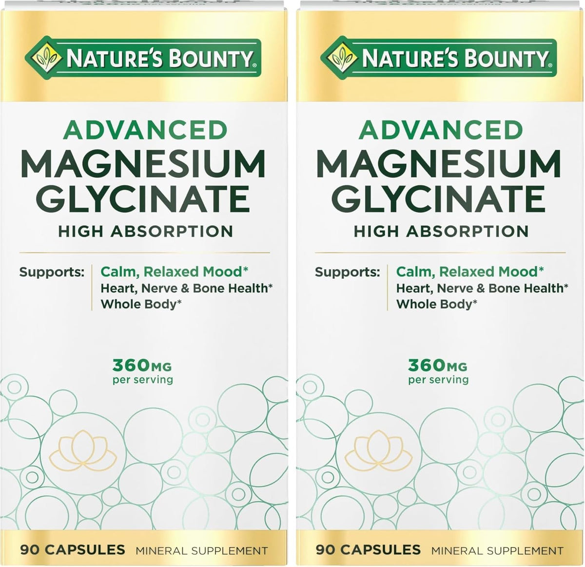 Nature's Bounty Calm Magnesium Glycinate Supplement - High Absorption Magnesium for Relaxed Mood, Heart & Bone Health, 90 Capsules (Pack of 2)