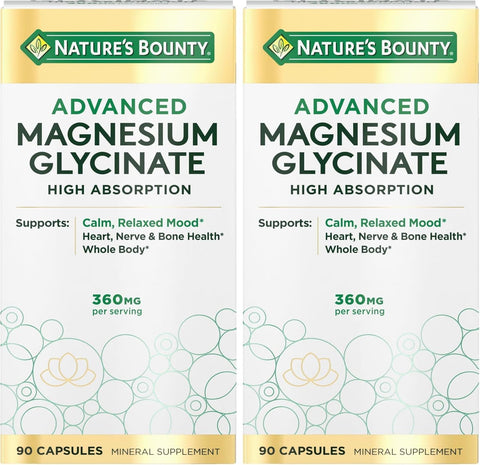 Nature's Bounty Calm Magnesium Glycinate Supplement - High Absorption Magnesium for Relaxed Mood, Heart & Bone Health, 90 Capsules (Pack of 2)