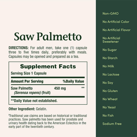 Nature's Bounty Saw Palmetto, Herbal Health Supplement, Prostate and Urinary Health, 450 mg, 100 Capsules