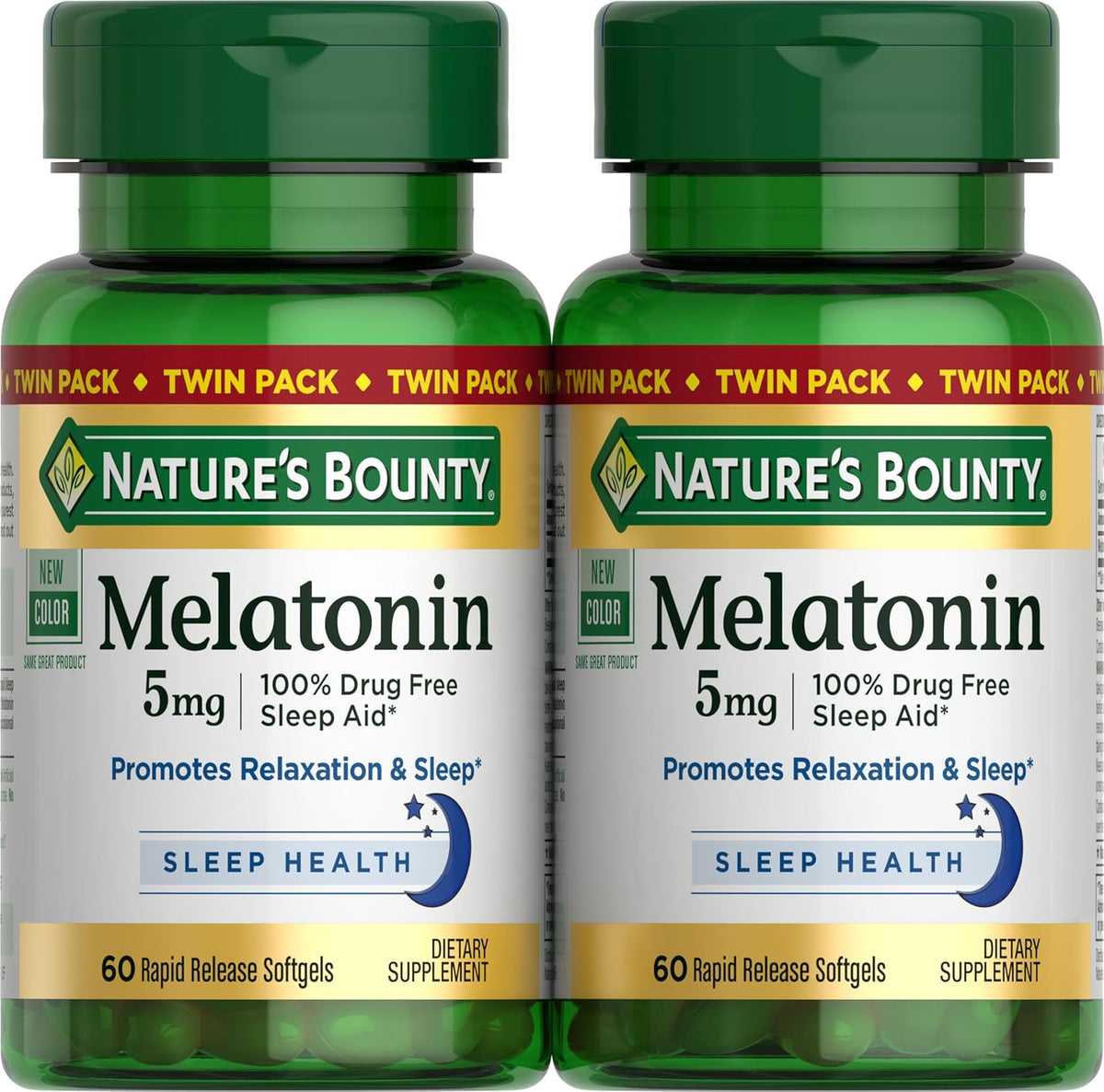 Nature's Bounty Melatonin 5mg, 100% Drug Free Sleep Aid, Dietary Supplement for Relaxation and Sleep Health - 4 Month Supply, 60 Rapid Release Softgels Twin Pack (120ct)