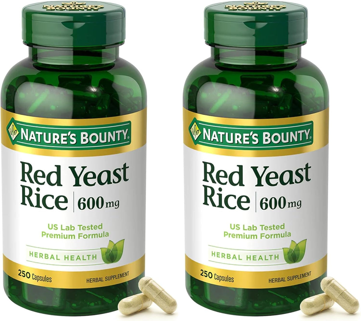 Nature's Bounty Red Yeast Rice, Herbal Supplement, 600mg, 250 Capsules (Pack of 2)