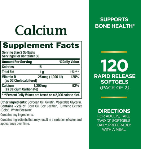 Nature's Bounty Calcium 1200 mg with Vitamin D3 - Bone Health Softgels, Calcium and Vitamin D Supplement, 120 Ct (2-Pack)