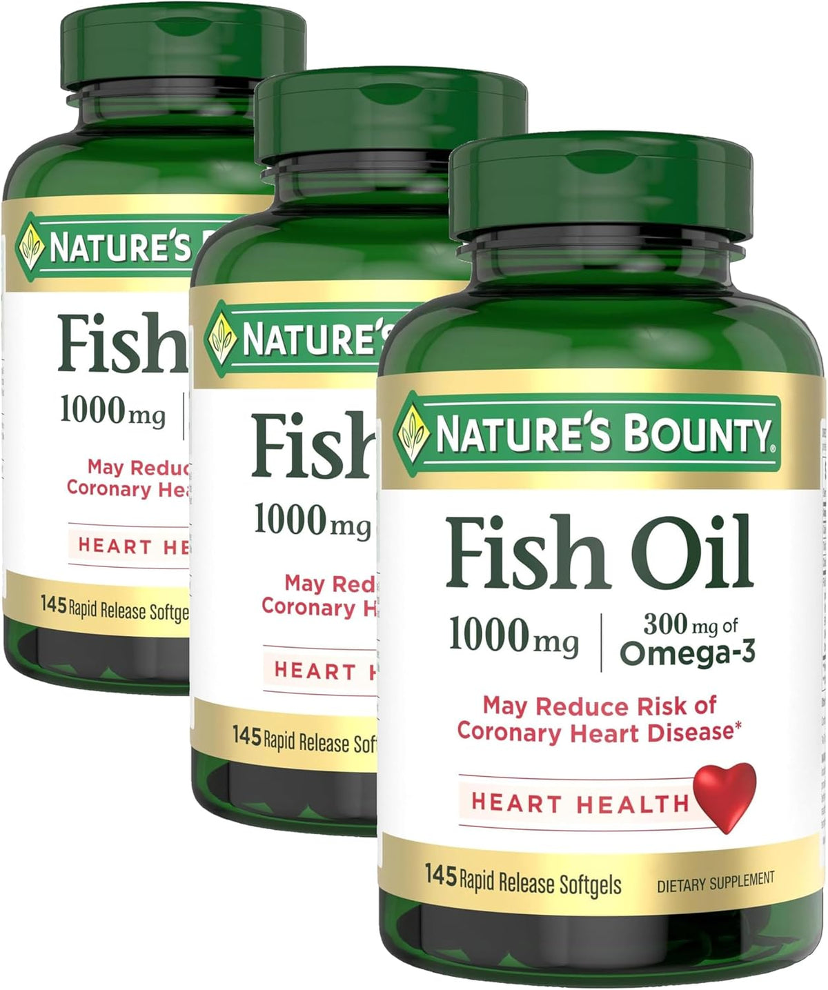 Nature's Bounty Fish Oil, Supports Heart Health, 1000mg, Rapid Release Softgels, 145 Ct (Pack of 3)