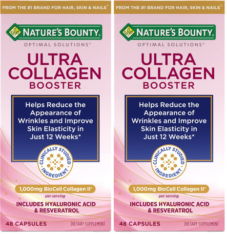 Nature's Bounty Optimal Solutions Ultra Collagen Booster for Healthy-Aging Supplement, Resveratrol, Hyaluronic Acid – Collagen Capsules for Women, 48 Capsules (Pack of 2)