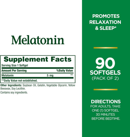 Nature's Bounty Melatonin, 100% Drug Free Sleep Aid, Dietary Supplement, Promotes Relaxation and Sleep Health, 5mg, 90 Softgels (Pack of 2)