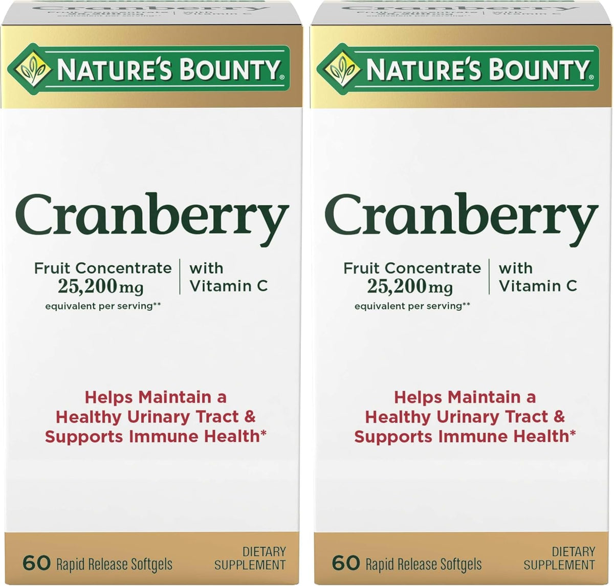 Nature's Bounty Cranberry Dietary Supplement, Supports Urinary Tract and Immune Health, Softgels, 25,200 Mg, 60 Ct (Pack of 2)