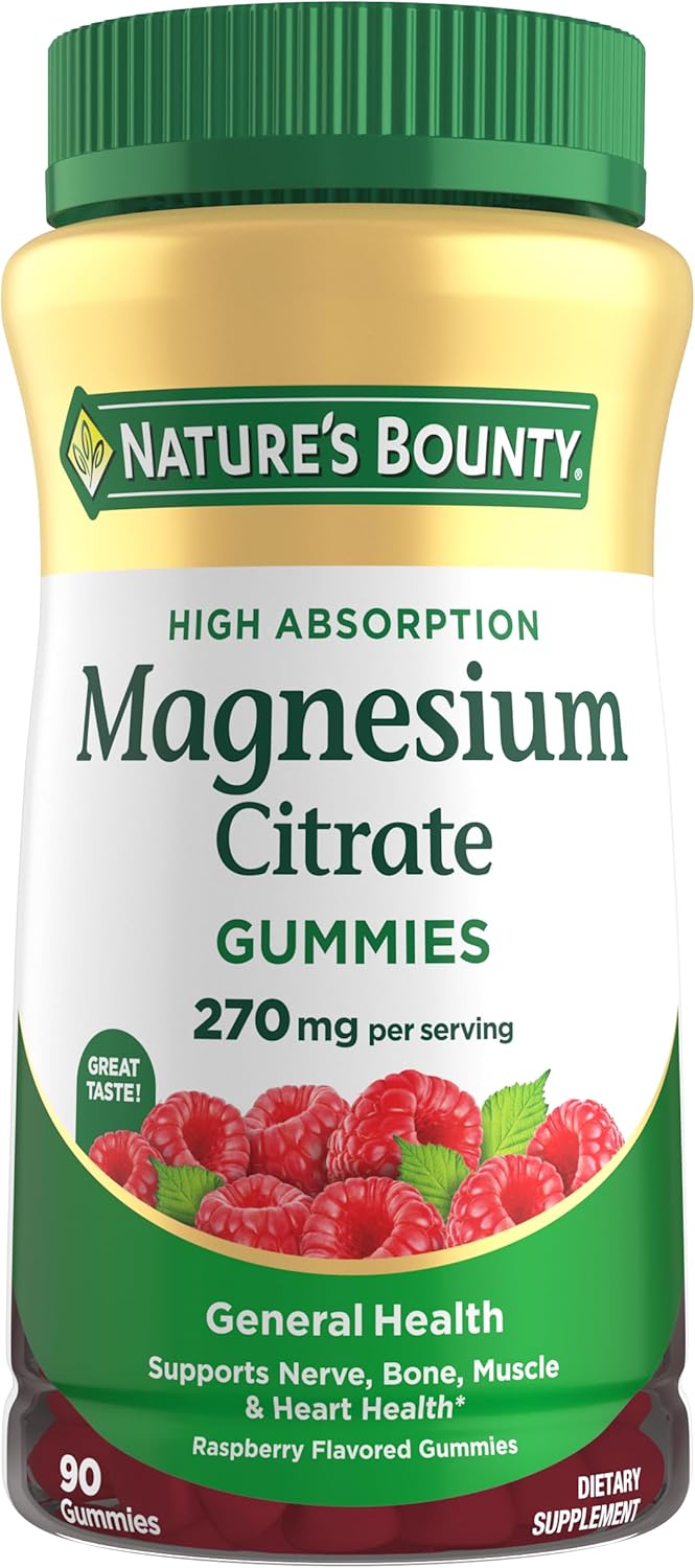 Nature's Bounty Magnesium Citrate Gummies for Adults, Supports General Health, Bone, Nerve, Muscle & Heart Health Support, 270mg per Serving, Vegan, Non-GMO - Raspberry 90 Count