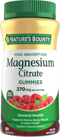 Nature's Bounty Magnesium Citrate Gummies for Adults, Supports General Health, Bone, Nerve, Muscle & Heart Health Support, 270mg per Serving, Vegan, Non-GMO - Raspberry 90 Count