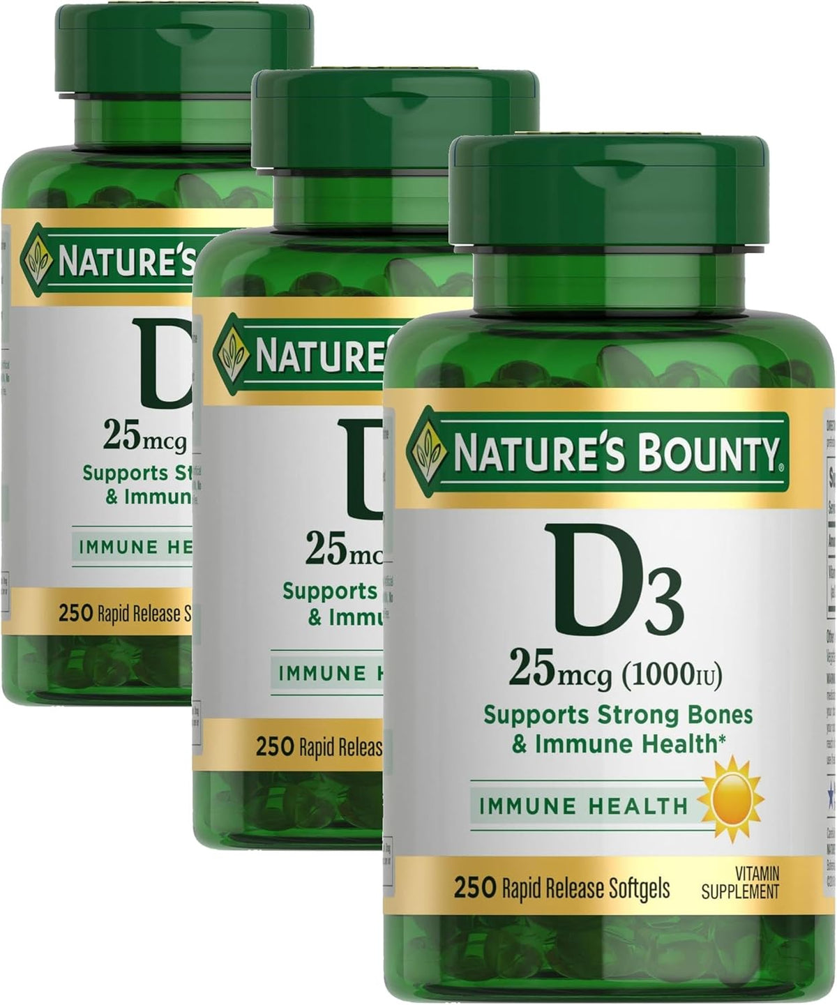 Nature's Bounty Vitamin D3 1000 IU, Immune Support, Helps Maintain Healthy Bones, 250 Rapid Release Softgels (Pack of 3)