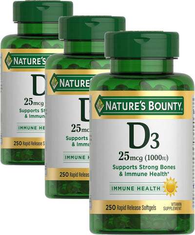 Nature's Bounty Vitamin D3 1000 IU, Immune Support, Helps Maintain Healthy Bones, 250 Rapid Release Softgels (Pack of 3)