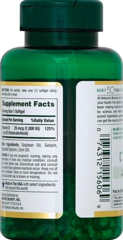 Nature's Bounty Vitamin D3 1000 IU, Immune Support, Helps Maintain Healthy Bones, 250 Rapid Release Softgels (Pack of 2)